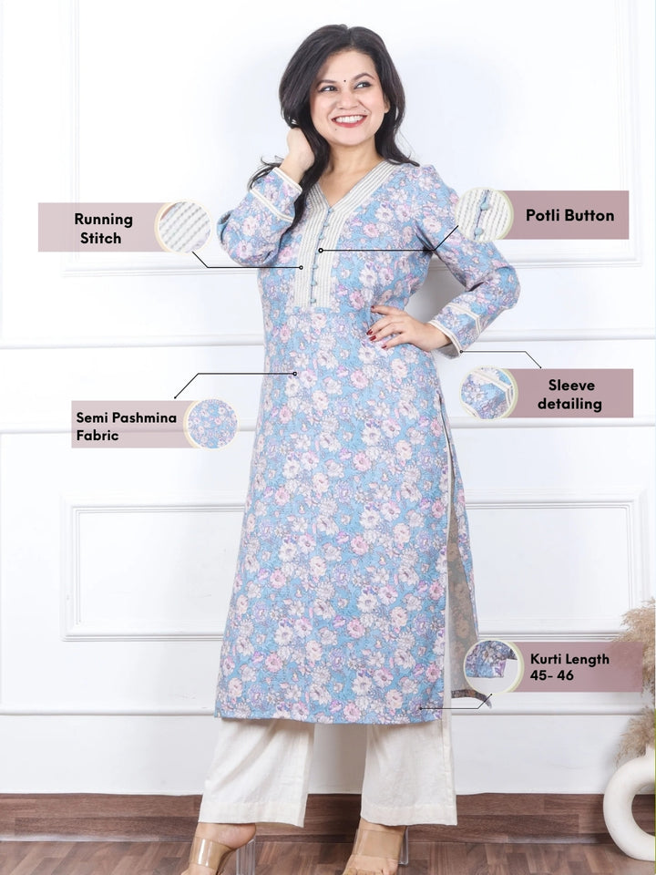 Bloosom Powder Blue Floral Print in Thread With Fabric Button Semi Pashmina Kurti