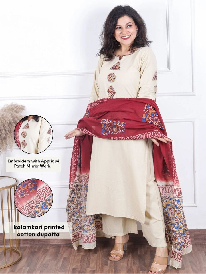 Himayati Cream Beige Embroidery with Applique Patch and Mirror Work Cotton 3 Piece Set