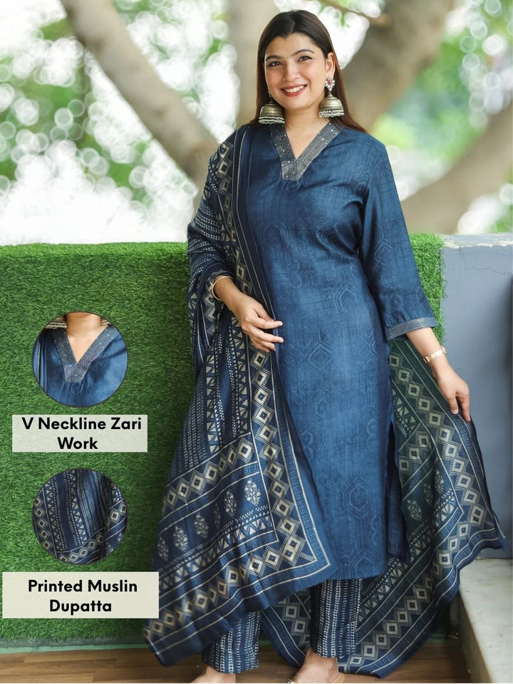 Gamini Navy Blue Self Printed with V Neckline Zari Work Muslin 3 Piece Set