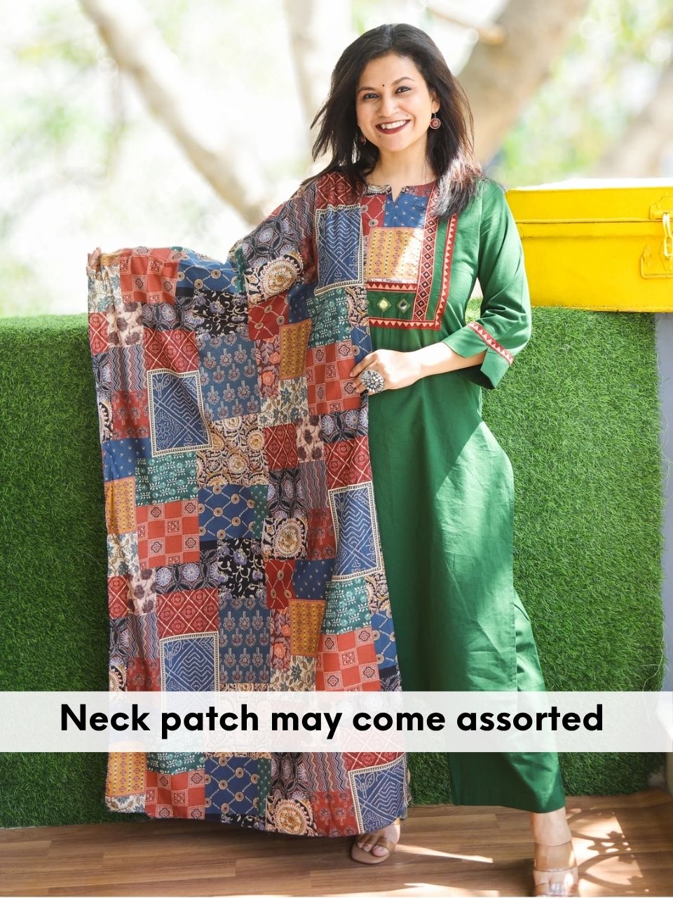 Gulkand Hunter Green Ajrak Patches Neck Work with Mirror Cotton 3 Piece Set