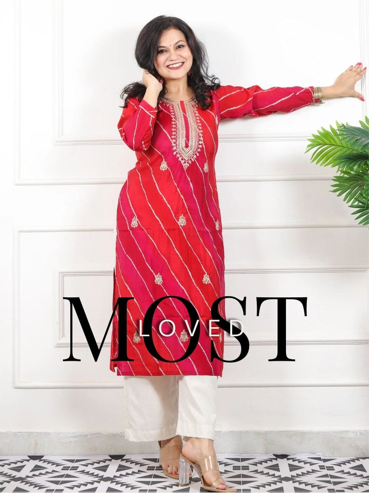 Zeenat Apple Red Zari Lace Work In Leheriya Printed Muslin Modal Kurti