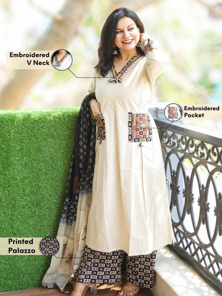 Pankhudi Frappe Beige V Neck Lace Work with Pocket Cotton 3 Piece Set