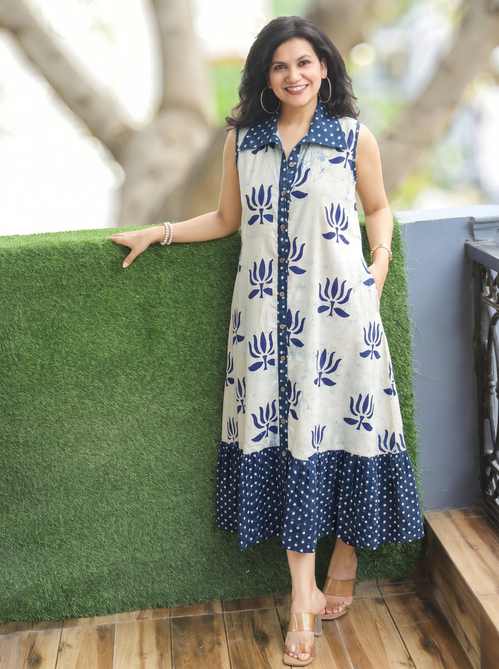 Asya Ice Blue Sleeveless Lotus Dabu Print Cotton Dress