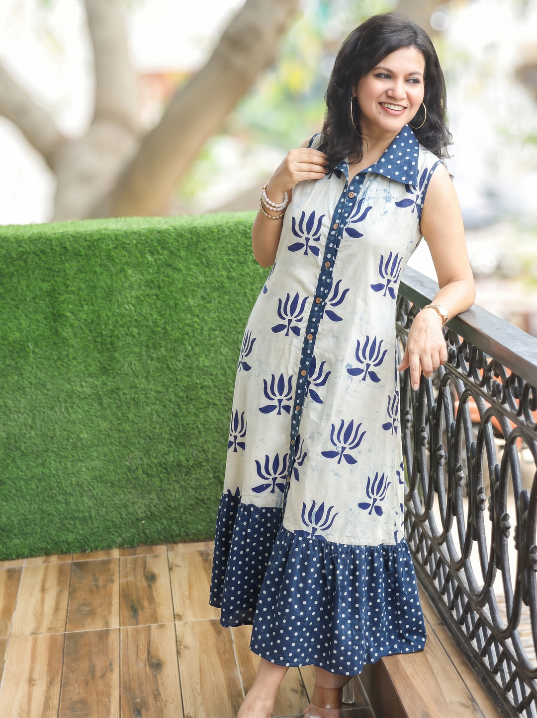 Asya Ice Blue Sleeveless Lotus Dabu Print Cotton Dress