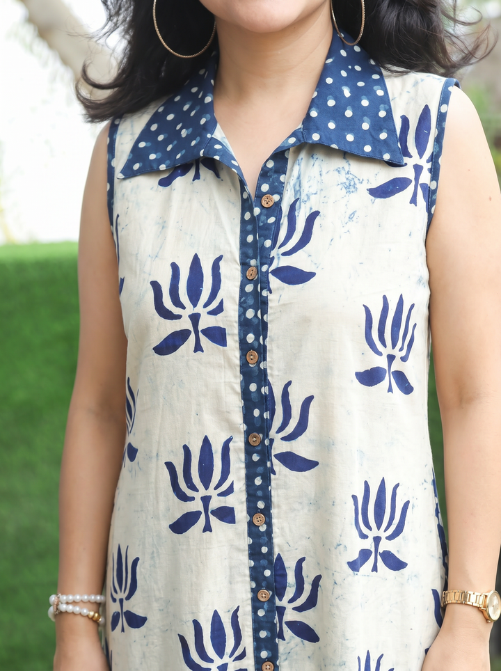 Asya Ice Blue Sleeveless Lotus Dabu Print Cotton Dress