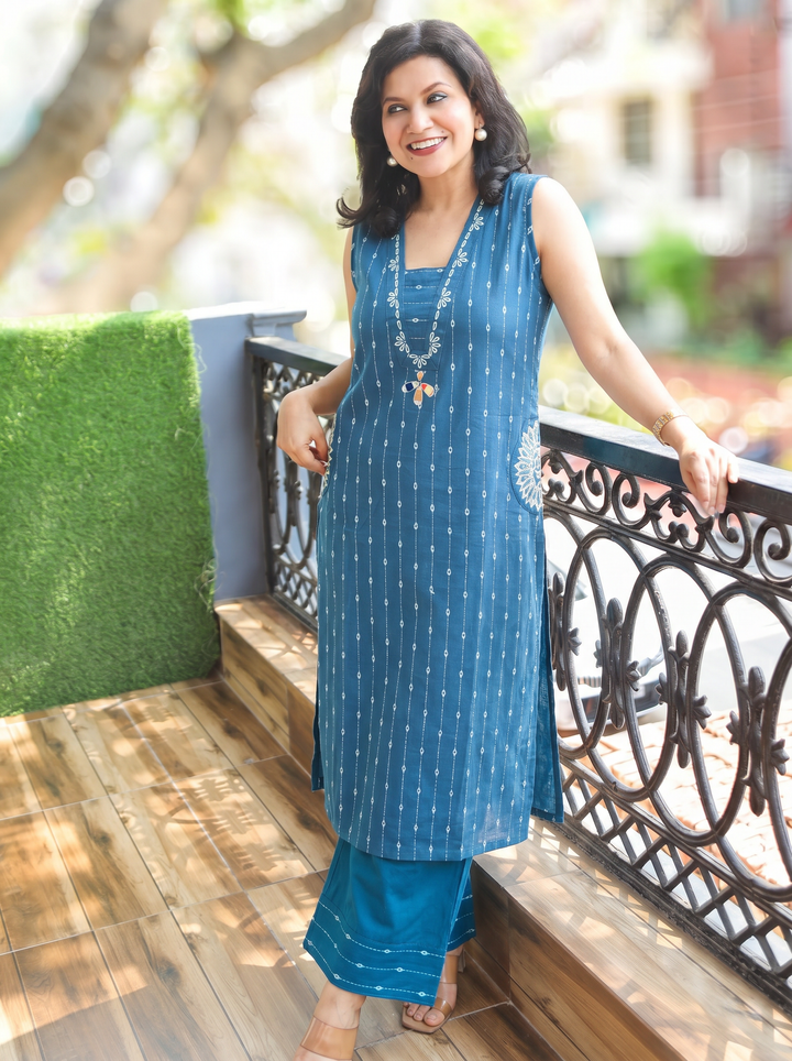 Seyran Persian Blue Mirror & Weaved Cotton Co-ord Set