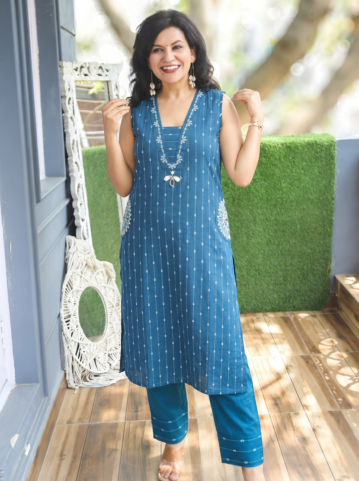 Seyran Persian Blue Mirror & Weaved Cotton Co-ord Set