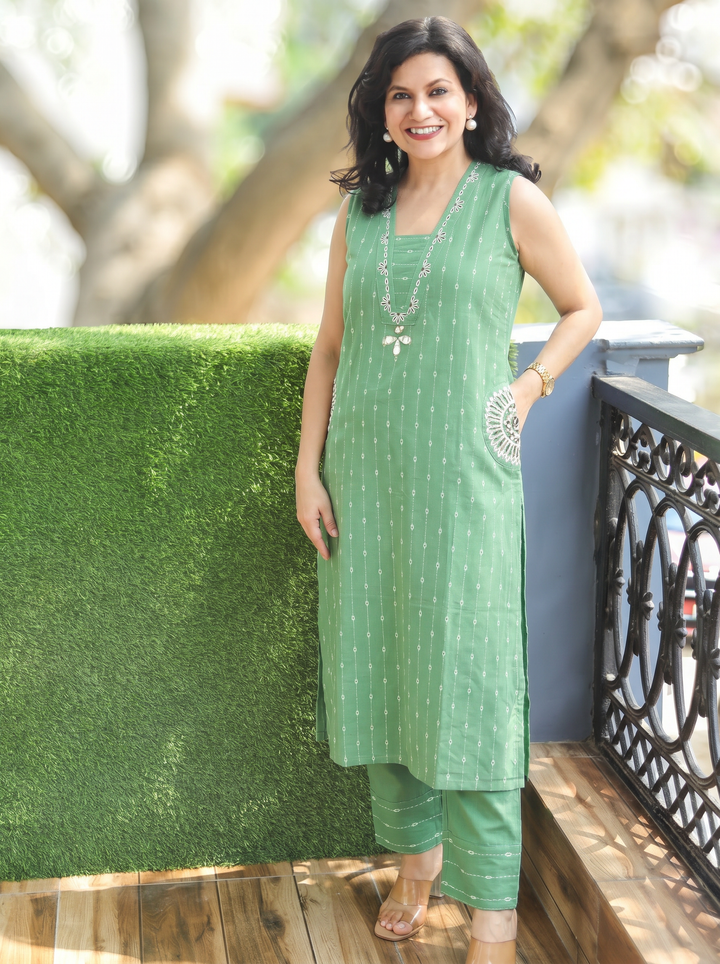 Seyran Sage Mint Mirror & Weaved Cotton Co-ord Set