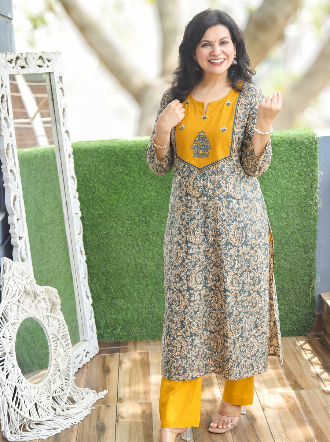 Raya Yellow Green Pure Kalamkari Cotton Kurti