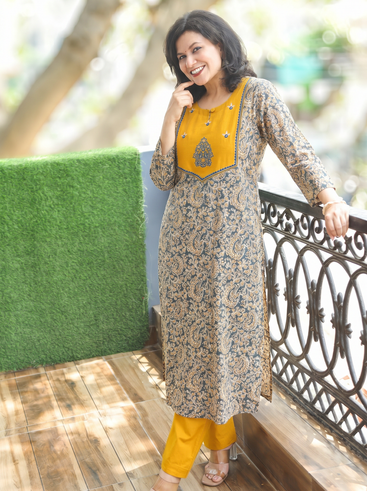 Raya Yellow Green Pure Kalamkari Cotton Kurti