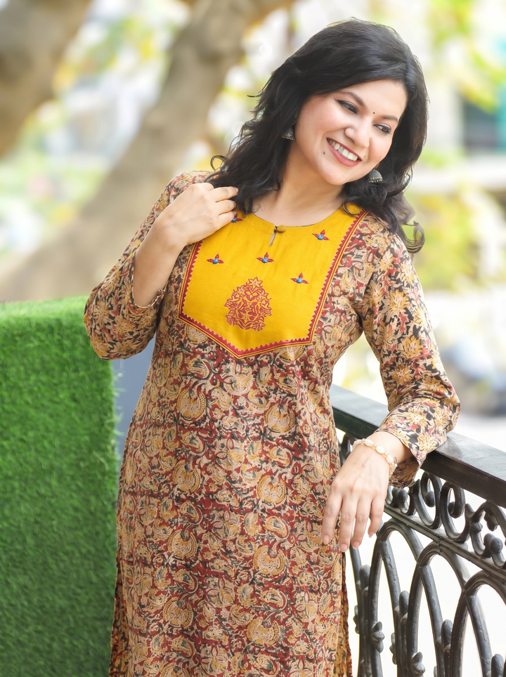 Raya Yellow Red Pure Kalamkari Cotton Kurti