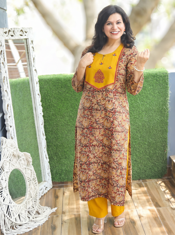 Raya Yellow Red Pure Kalamkari Cotton Kurti