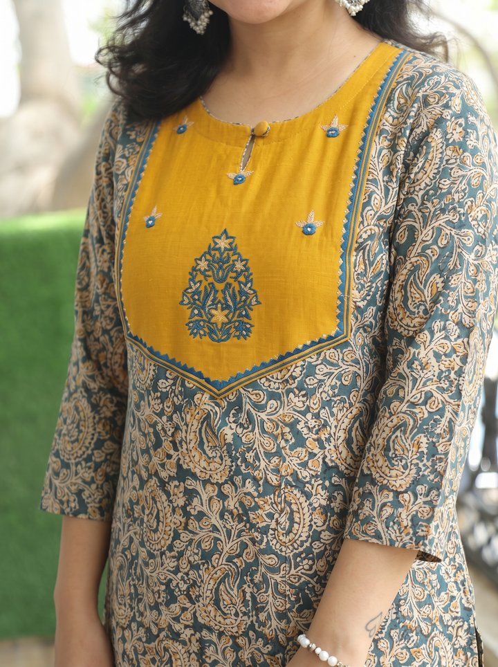 Raya Yellow Green Pure Kalamkari Cotton Kurti