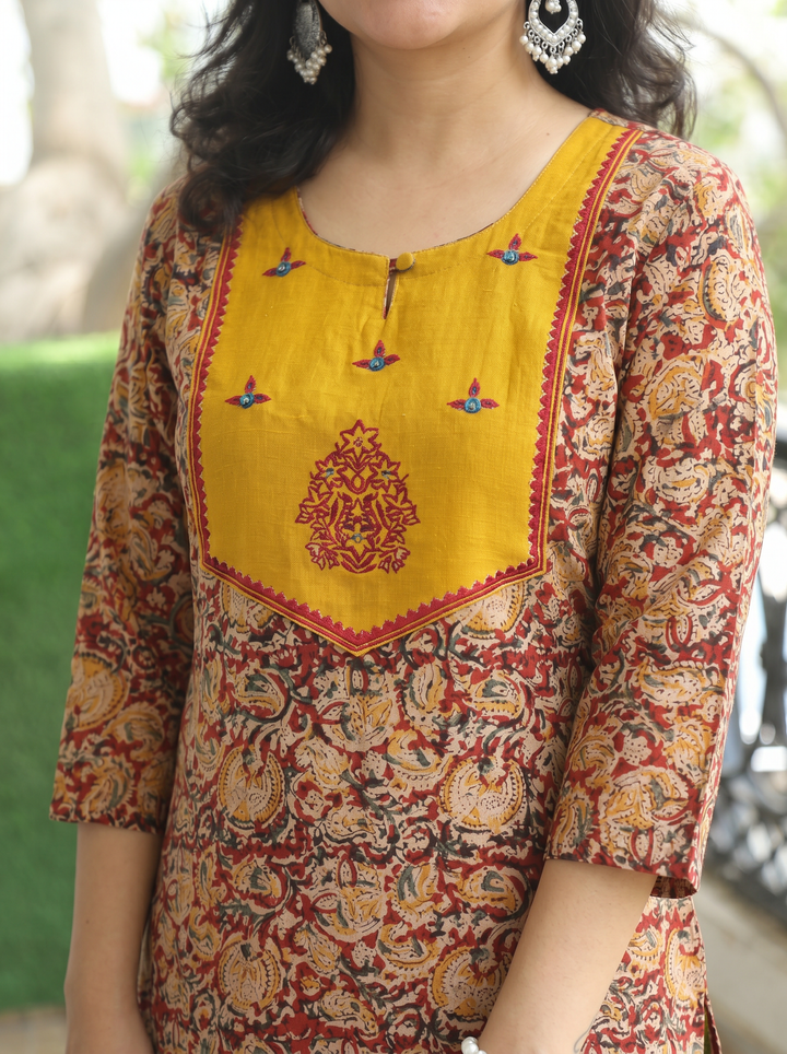 Raya Yellow Red Pure Kalamkari Cotton Kurti
