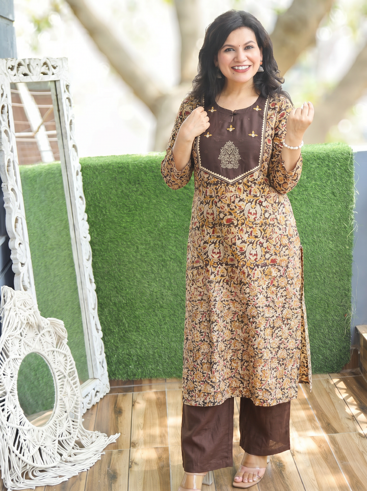 Raya Chocolate Brown Pure Kalamkari Cotton Kurti