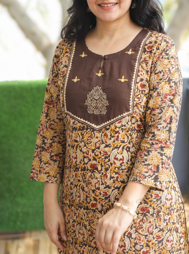 Raya Chocolate Brown Pure Kalamkari Cotton Kurti