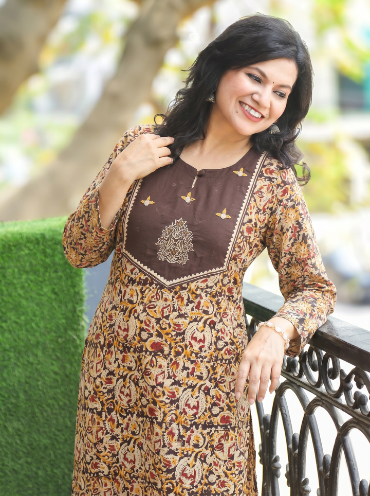 Raya Chocolate Brown Pure Kalamkari Cotton Kurti