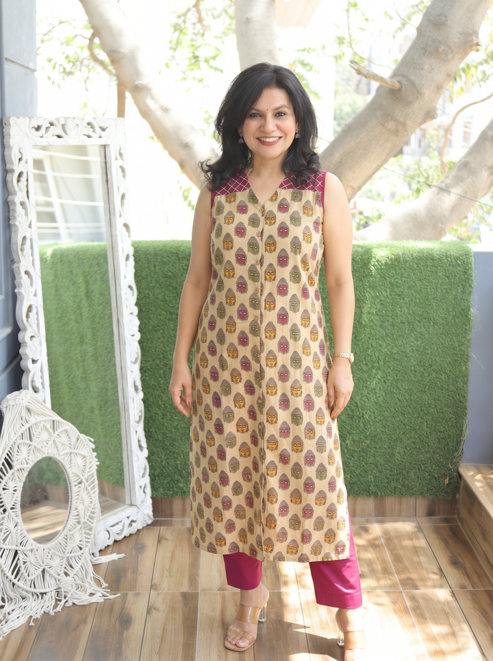 Sanjivi Shell Beige Buddha Print Cotton Kurti