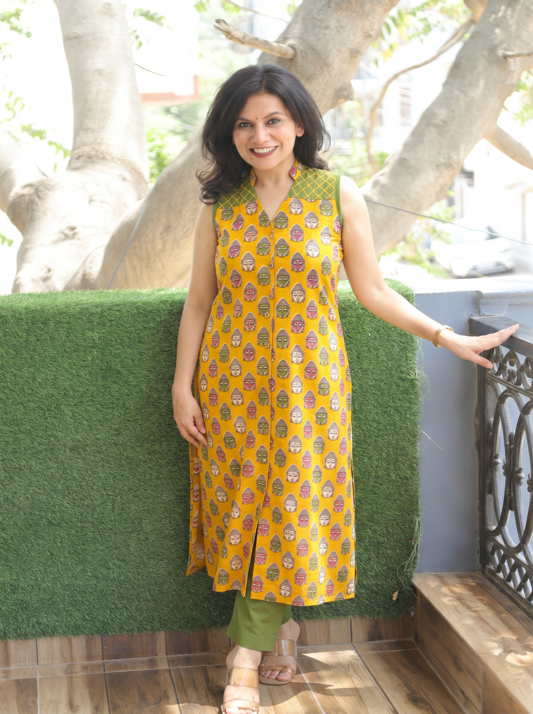 Sanjivi Yellow Buddha Print Cotton Kurti