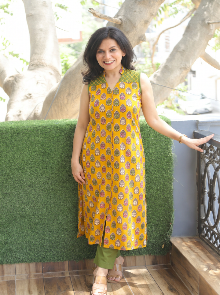 Sanjivi Yellow Buddha Print Cotton Kurti