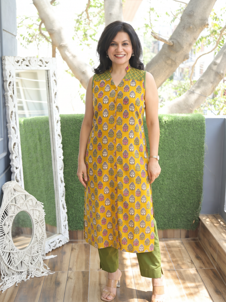 Sanjivi Yellow Buddha Print Cotton Kurti