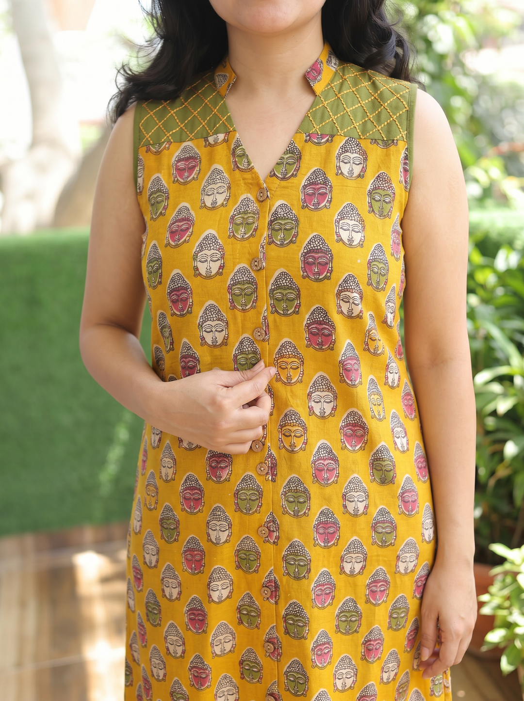 Sanjivi Yellow Buddha Print Cotton Kurti