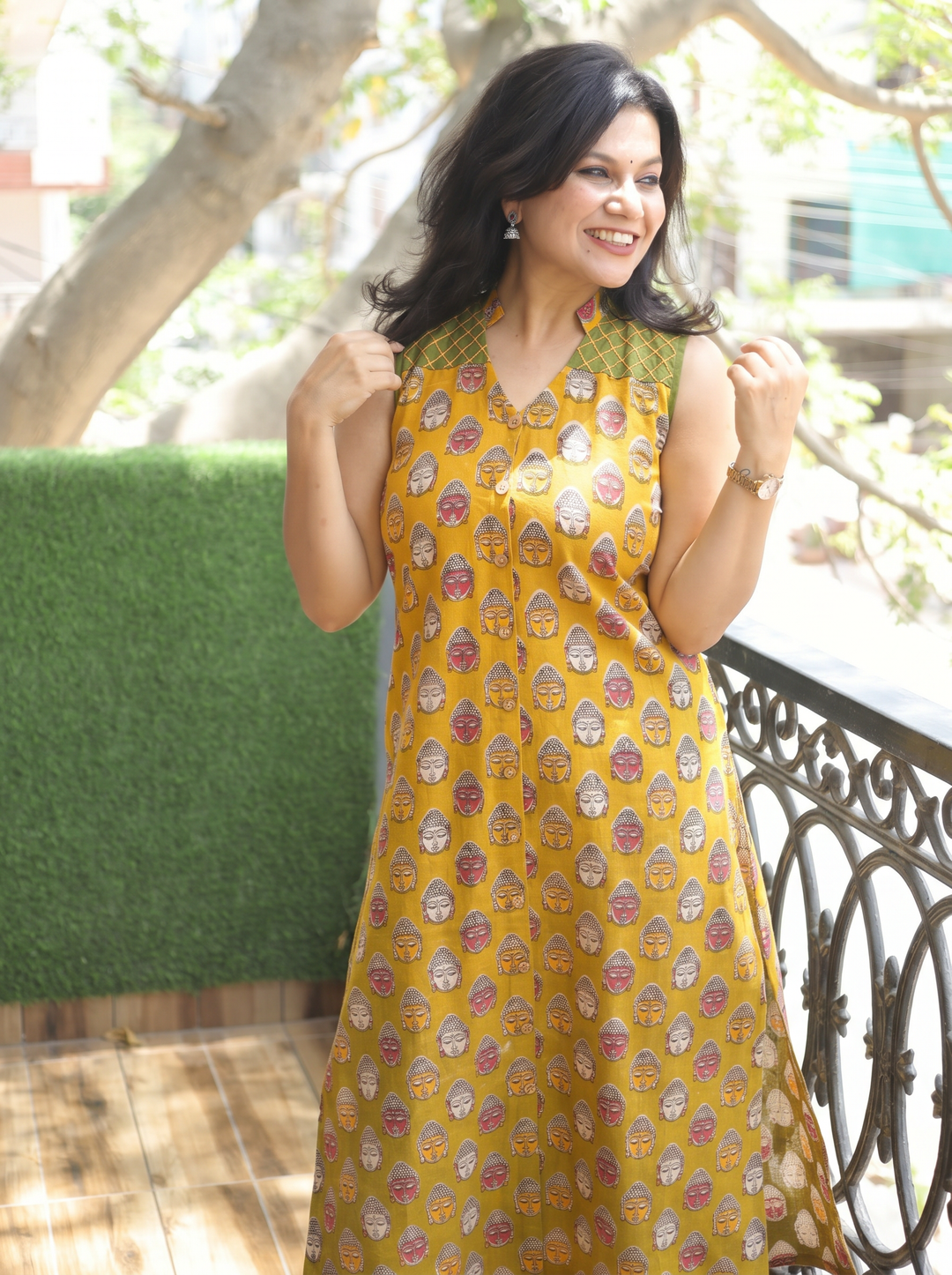 Sanjivi Yellow Buddha Print Cotton Kurti
