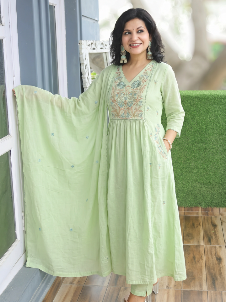 Emily Green Embroidered Gathered 3 Piece Set