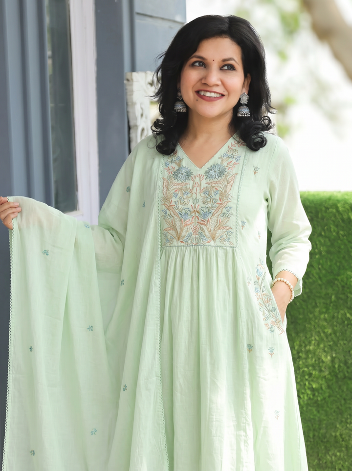 Emily Green Embroidered Gathered 3 Piece Set