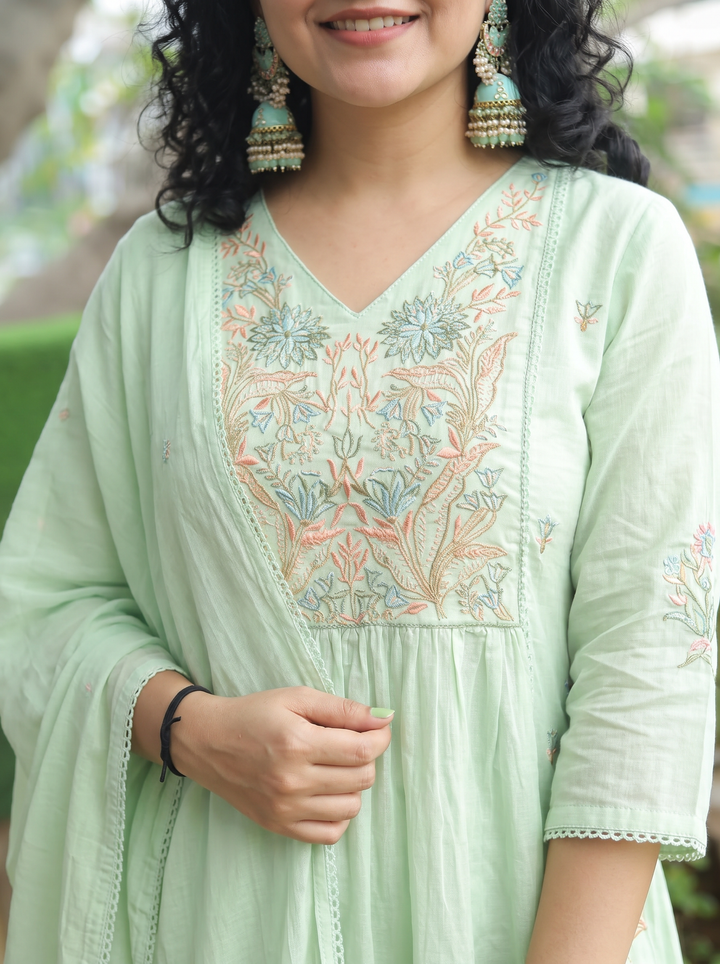 Emily Green Embroidered Gathered 3 Piece Set