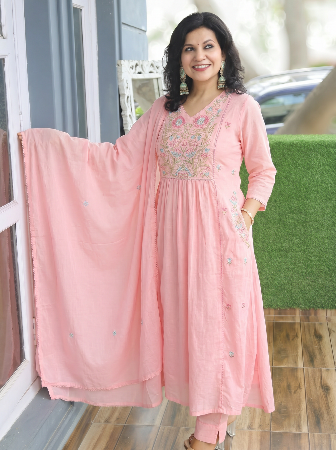 Emily Pink Embroidered Gathered 3 Piece Set