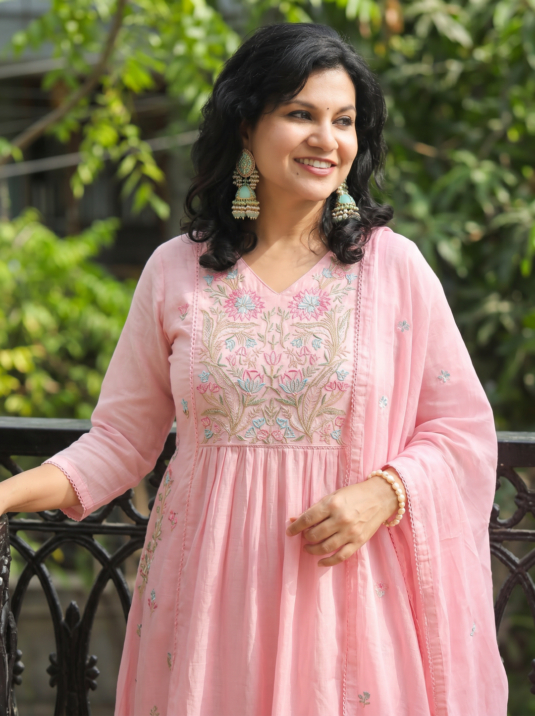 Emily Pink Embroidered Gathered 3 Piece Set