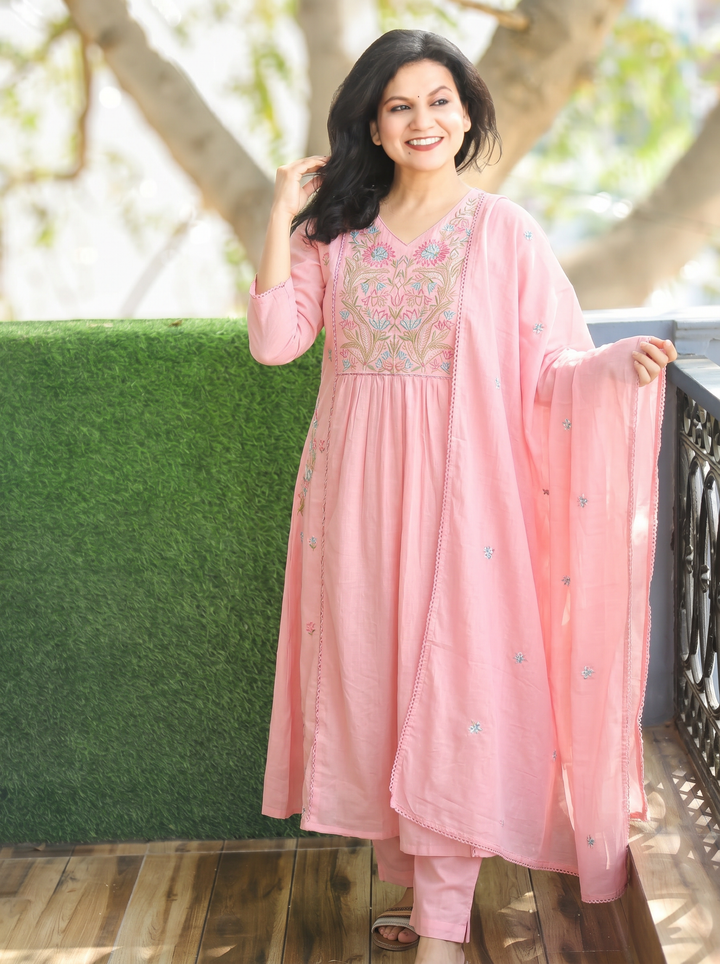 Emily Pink Embroidered Gathered 3 Piece Set