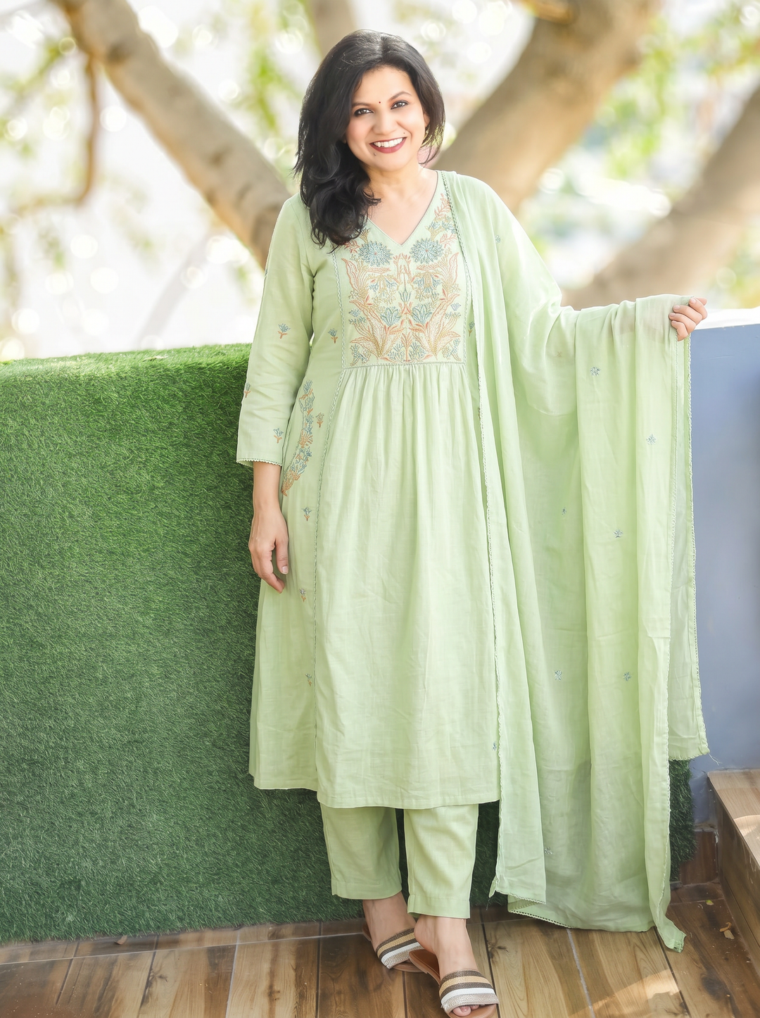 Emily Green Embroidered Gathered 3 Piece Set