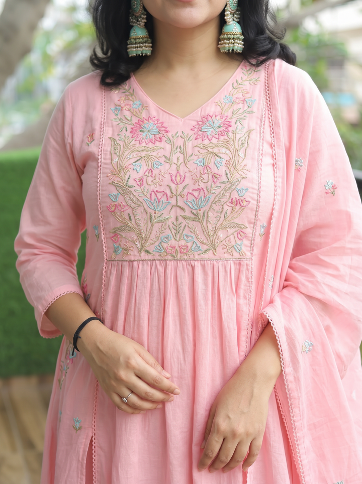 Emily Pink Embroidered Gathered 3 Piece Set