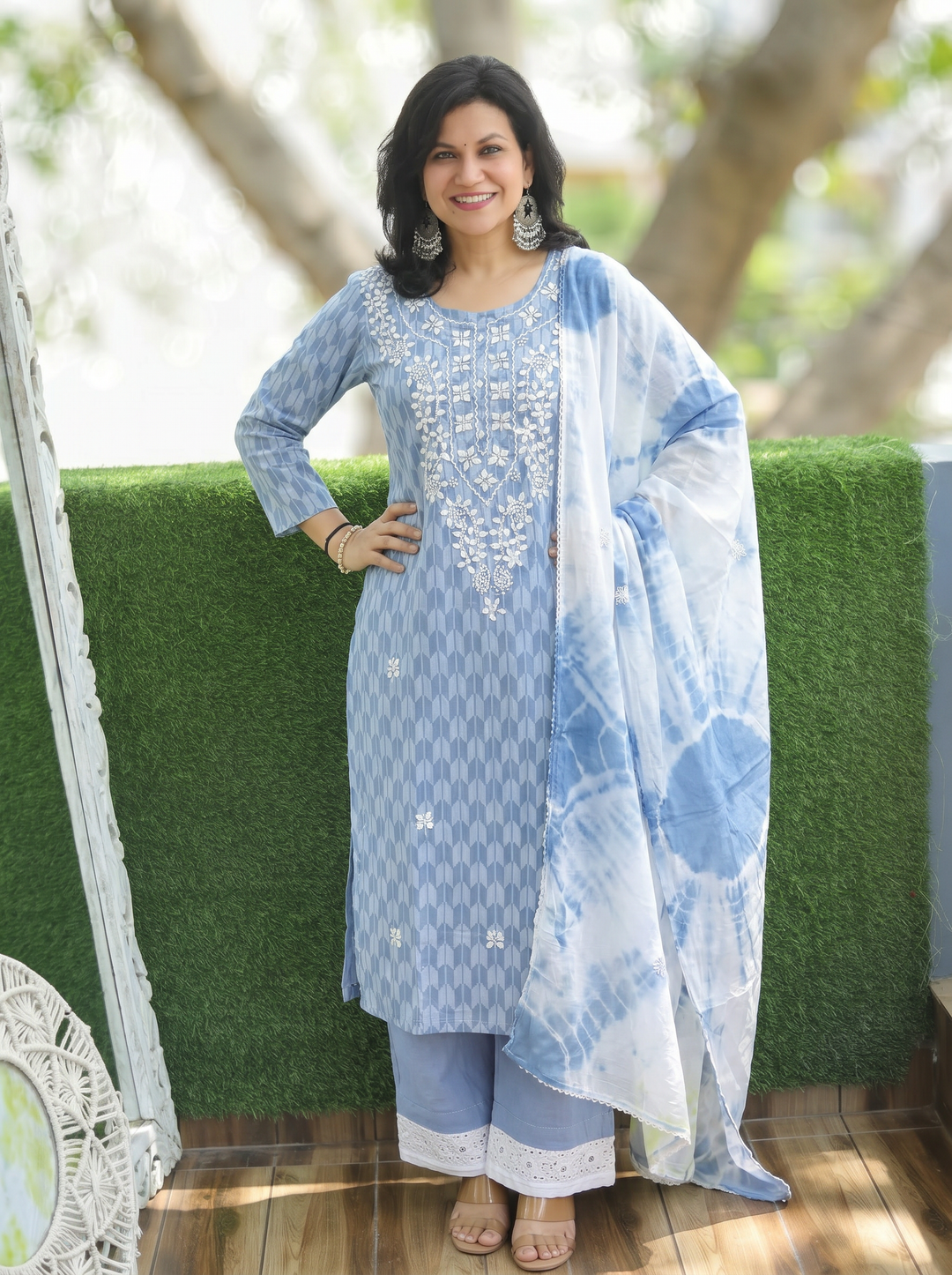 Kira Bluish Grey Applique Cotton 3 Piece Set