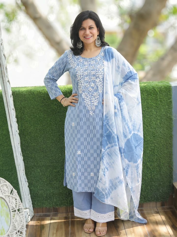 Kira Bluish Grey Applique Cotton 3 Piece Set