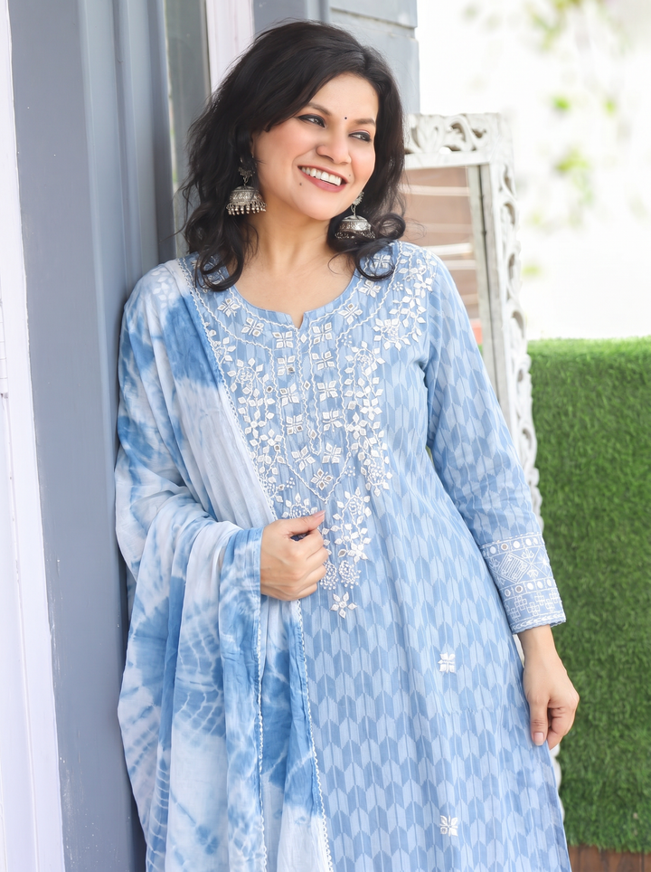 Kira Bluish Grey Applique Cotton 3 Piece Set