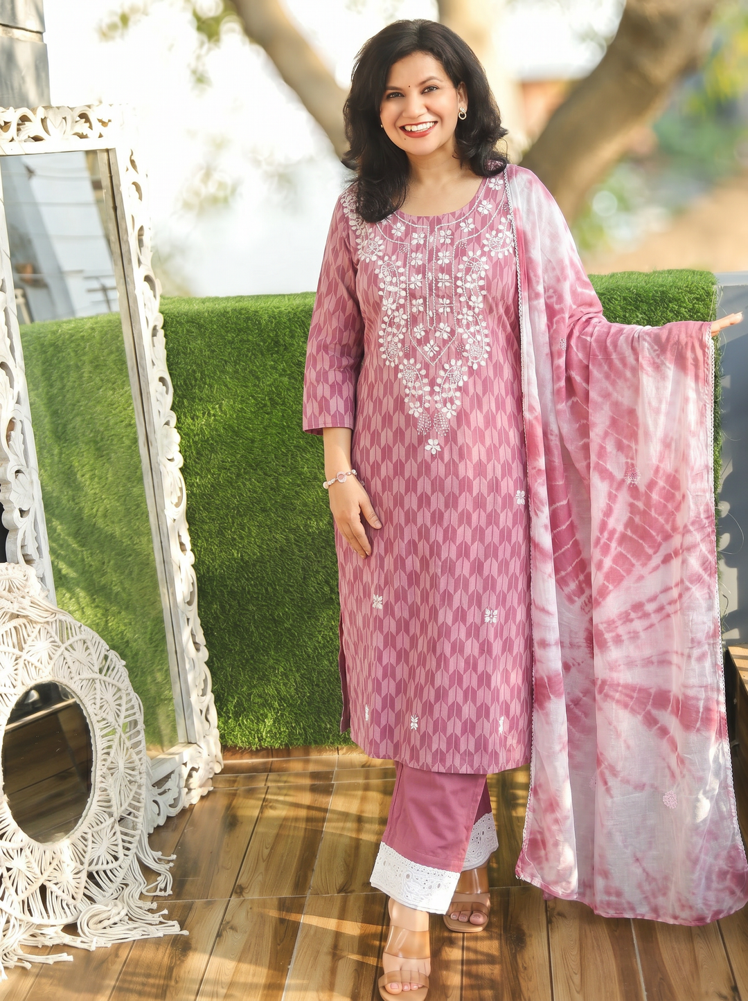 Kira Helio Mauve Applique Cotton 3 Piece Set