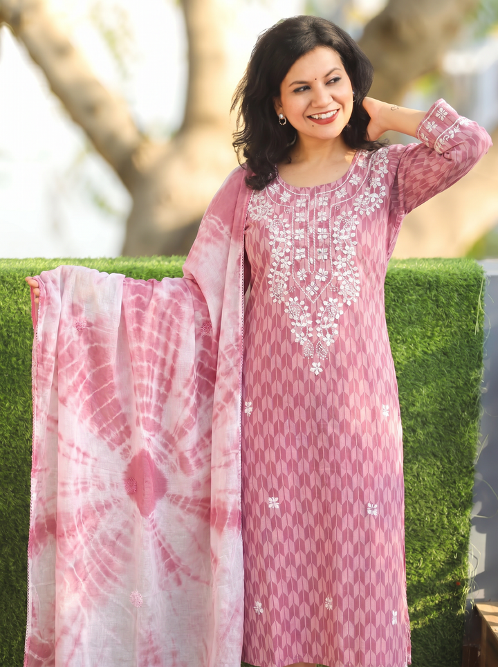 Kira Helio Mauve Applique Cotton 3 Piece Set