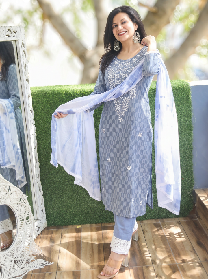 Kira Bluish Grey Applique Cotton 3 Piece Set