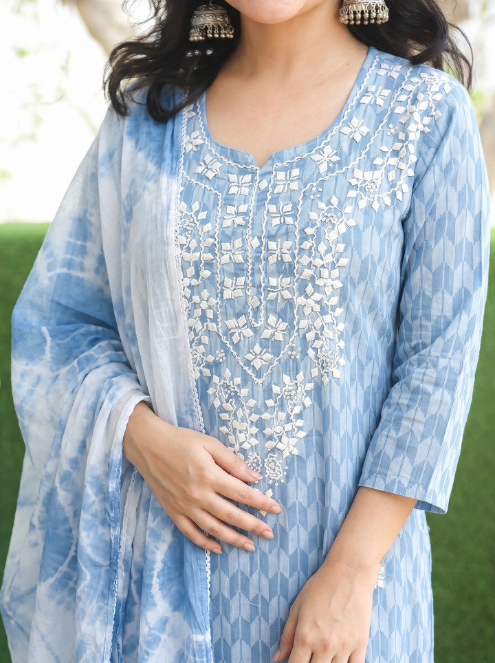Kira Bluish Grey Applique Cotton 3 Piece Set