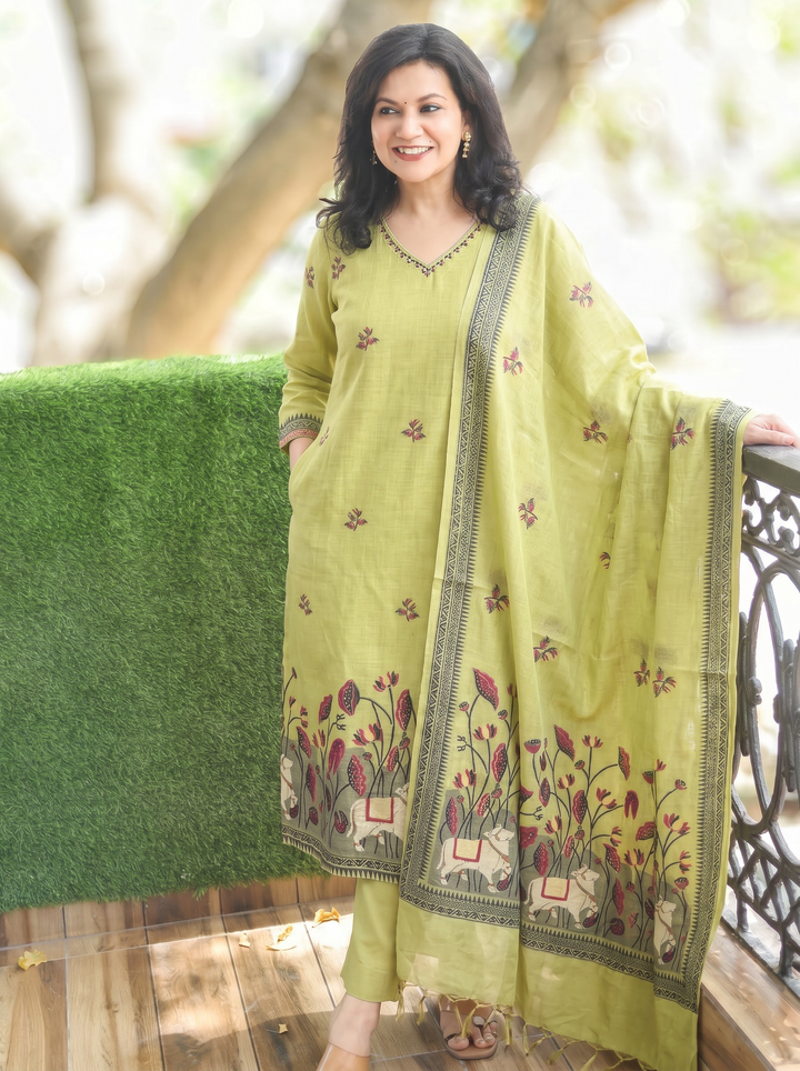 Shobha Green Pichwai Jamdani 3 Piece Set
