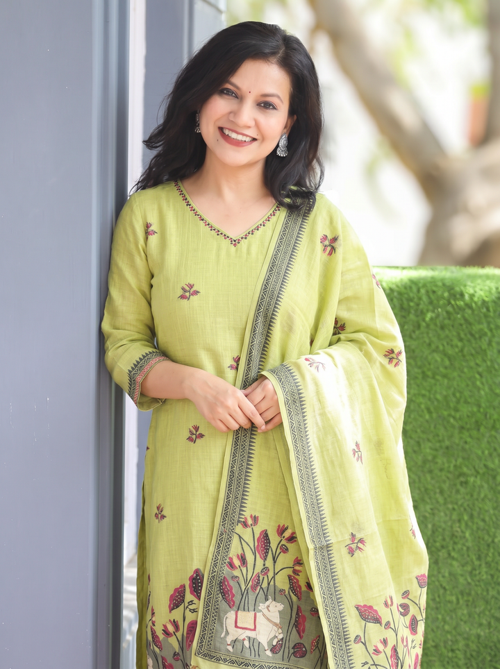 Shobha Green Pichwai Jamdani 3 Piece Set