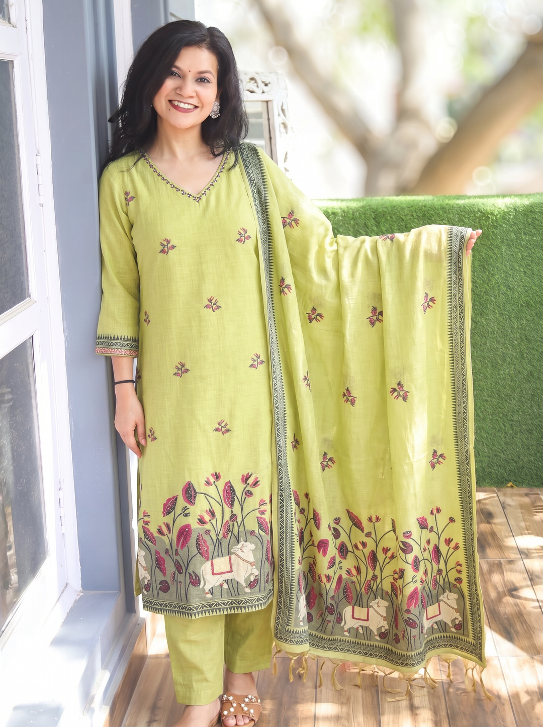 Shobha Green Pichwai Jamdani 3 Piece Set