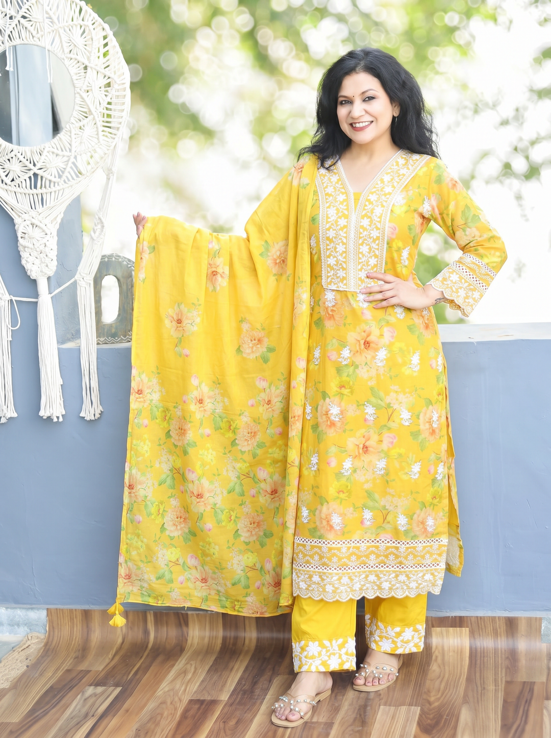 Anjali Yellow Embroidered Mul Cotton 3 Piece Set
