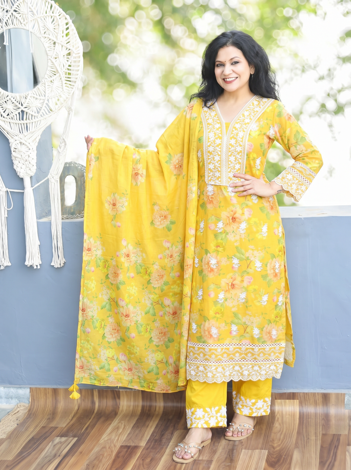 Anjali Yellow Embroidered Mul Cotton 3 Piece Set