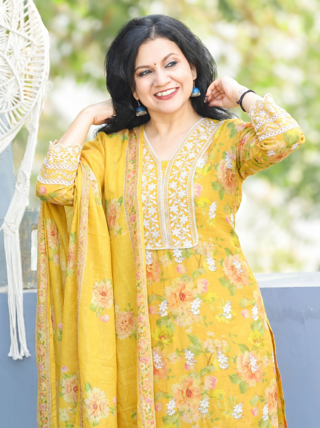 Anjali Yellow Embroidered Mul Cotton 3 Piece Set