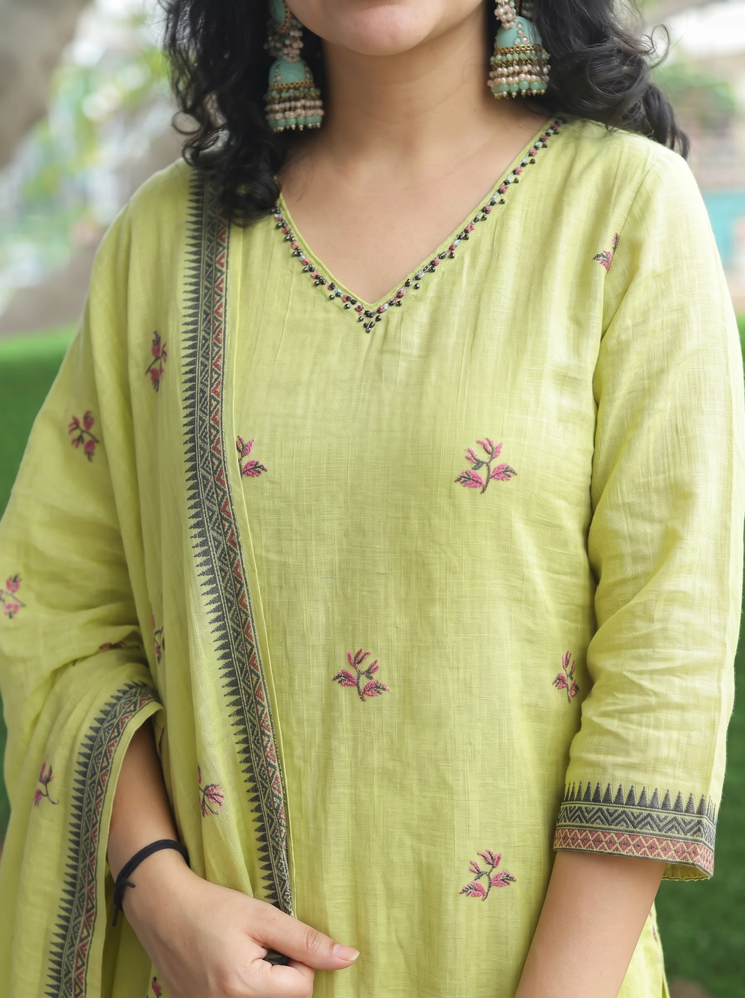 Shobha Green Pichwai Jamdani 3 Piece Set
