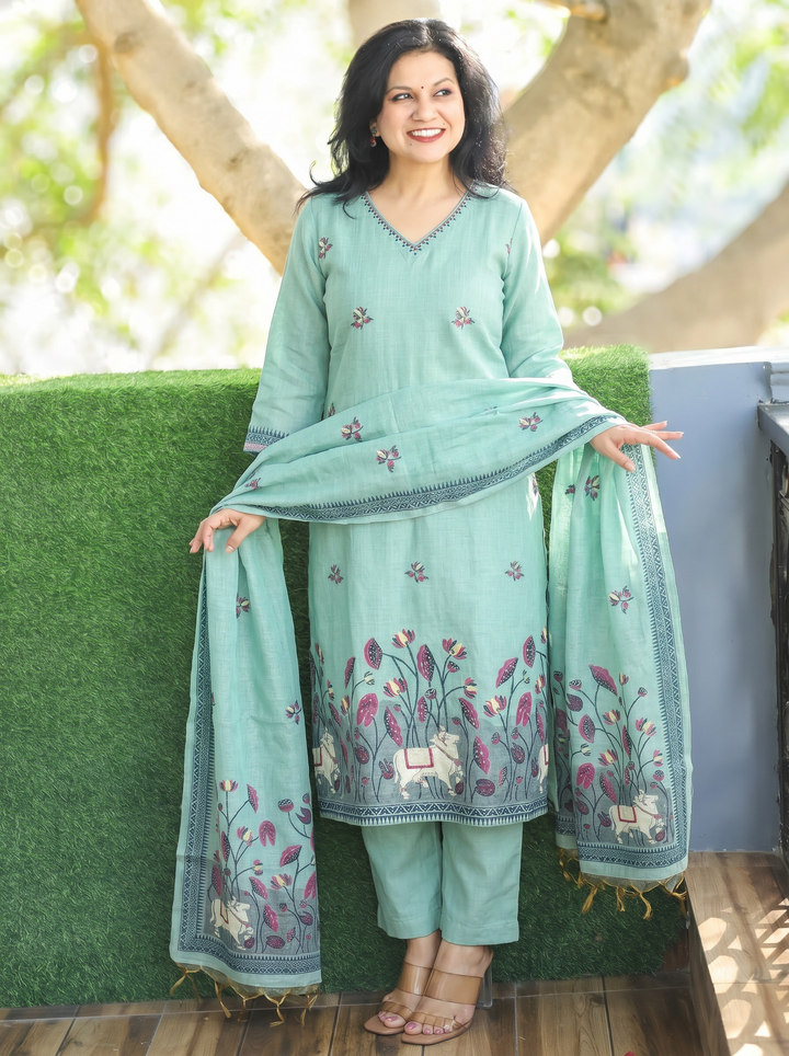 Shobha Ocean Blue Pichwai Jamdani 3 Piece Set